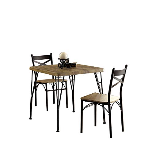 Benjara Industrial Style 3 Piece Dining Table Set of Wood and Metal, Brown and Black