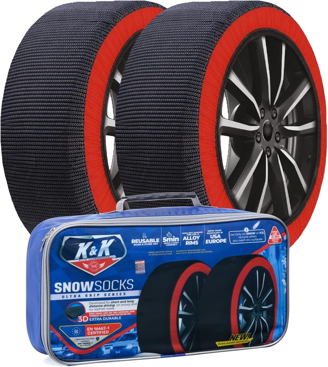 KNK Boutique K&K Automotive Snow Socks for Tires - Alternative for Tire Snow Chain - Snow Traction Device for Passenger Cars SUVs Trucks Winter Emergency Accessory European