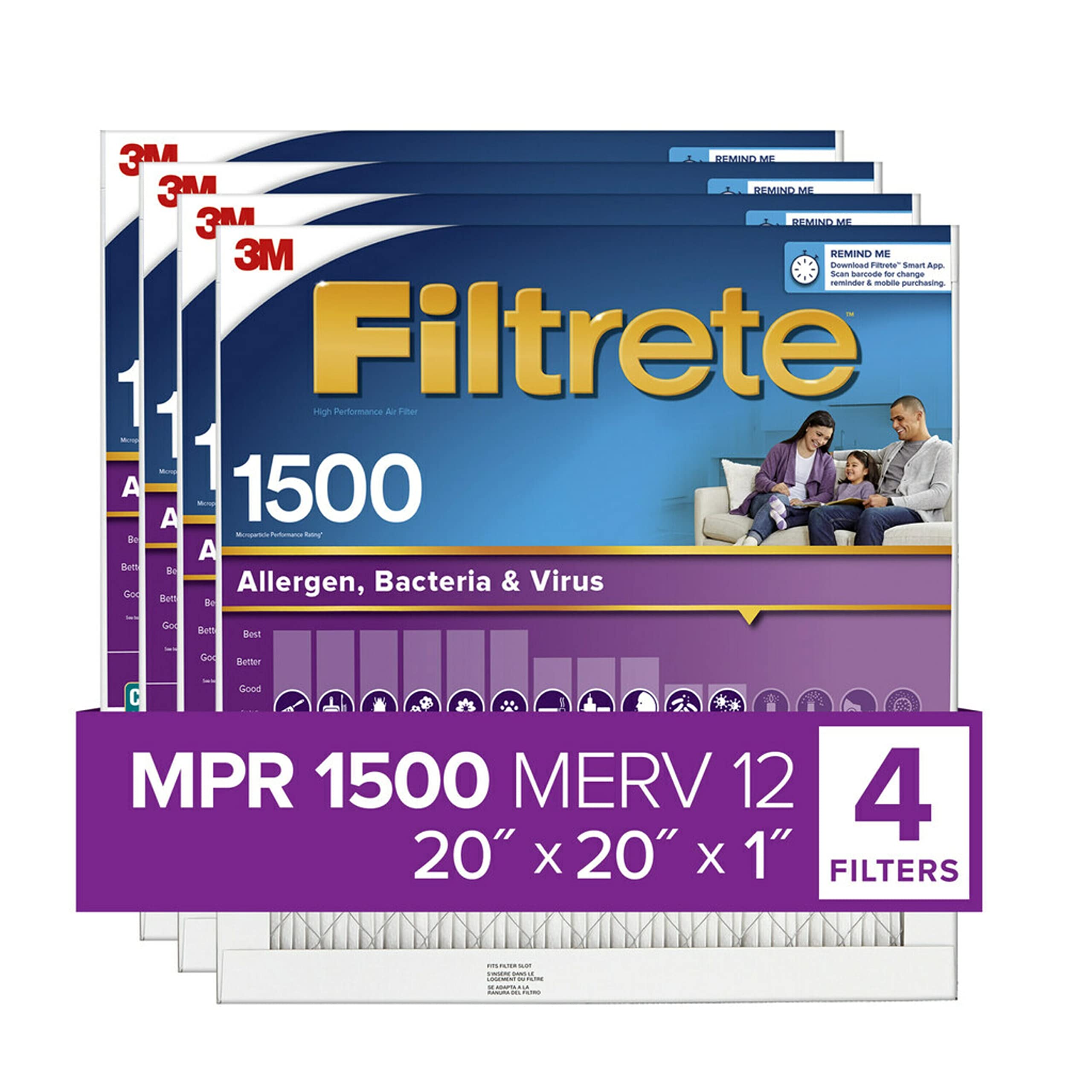 Filtrete 20x20x1 Air Filter, MPR 1500, MERV 12, Healthy Living Ultra-Allergen 3-Month Pleated 1-Inch Air Filters, 4 Filters