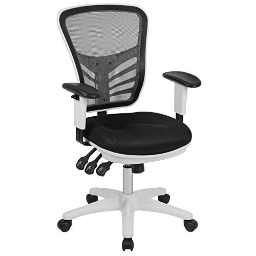 Flash Furniture Mid-Back Black Mesh Multifunction Executive Swivel Ergonomic Office Chair with Adjustable Arms and White Frame