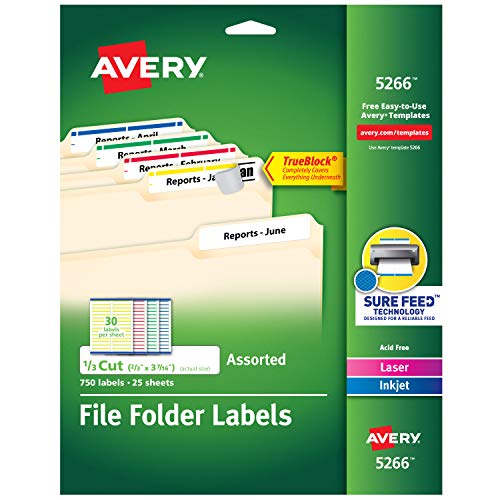 Avery File Folder Labels in Assorted Colors for Laser and Inkjet Printers with TrueBlock Technology, 0.67 x 3.43 Inches, Pack of 750 (5266)(Packaging May Vary)