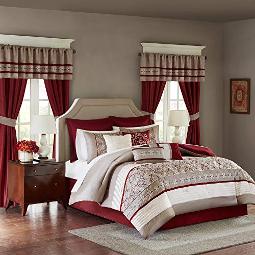 Madison Park Jelena Room in A Bag Faux Silk Comforter Classic Luxe All Season Down Alternative Bed Set with Bedskirt, Matching Curtains, Decorative Pillows, Cal King, Red