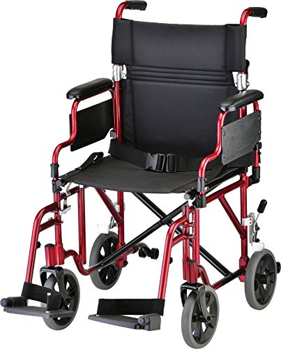 NOVA Medical Products NOVA Lightweight Transport Chair with Removable & Flip Up Arms for Easy Transfer, Anti-Tippers Included, Red