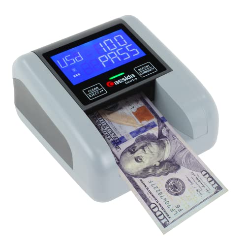 Cassida Quattro Fast Automatic Currency Counterfeit Detector with Advanced Sensors (UV,MG,IR,MT,WT,Thickness,Size) - All-Orientation Feeding - Rechargeable Battery - 3.5