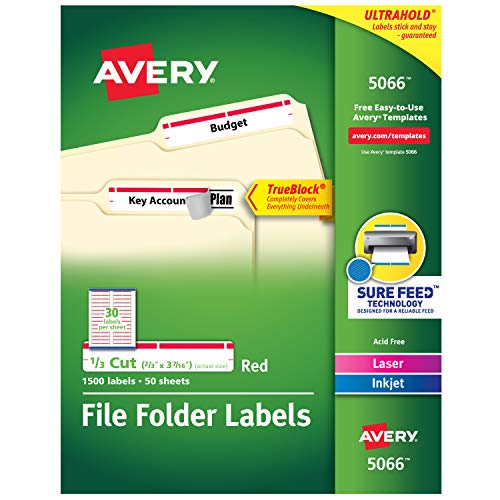 Avery Red File Folder Labels for Laser and Inkjet Printers with TrueBlock Technology, 2/3 x 3-7/16 Inches, Box of 1500 (5066)