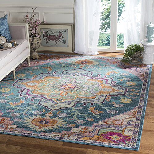 Safavieh Crystal Collection CRS501T Boho Chic Vintage Distressed Area Rug, 9' Square, Teal/Rose