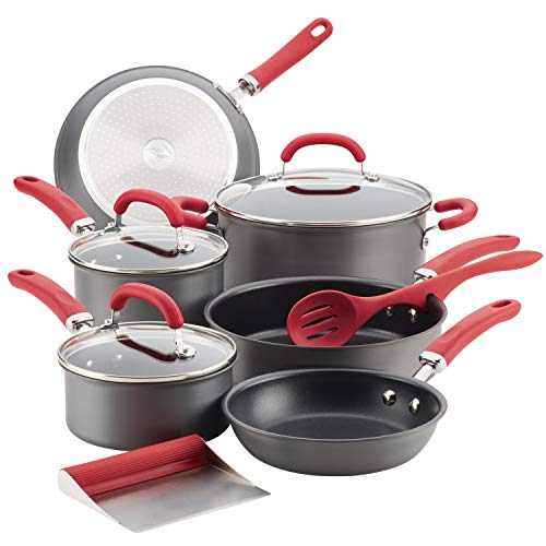Meyer Corporation Rachael Ray 81157 Create Delicious Hard Anodized Nonstick Cookware Pots and Pans Set, 11 Piece, Gray with Red Handles
