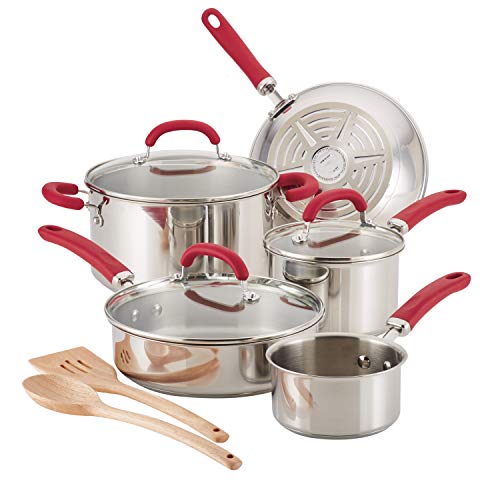Rachael Ray 70413 Create Delicious Stainless Steel Cookware Set, 10-Piece Pots and Pans Set, Stainless Steel with Red Handles