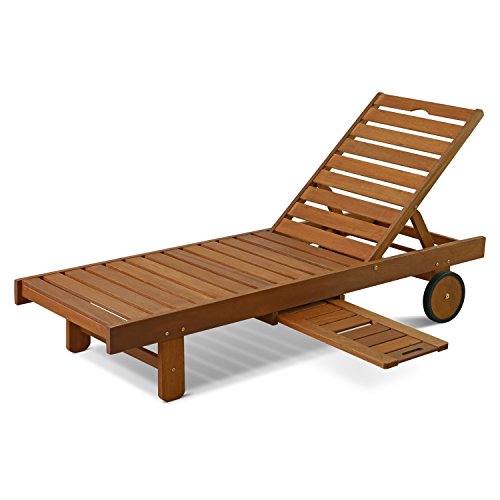 Furinno Tioman Outdoor Hardwood Patio Furniture Sun Lounger with Tray in Teak Oil, Natural