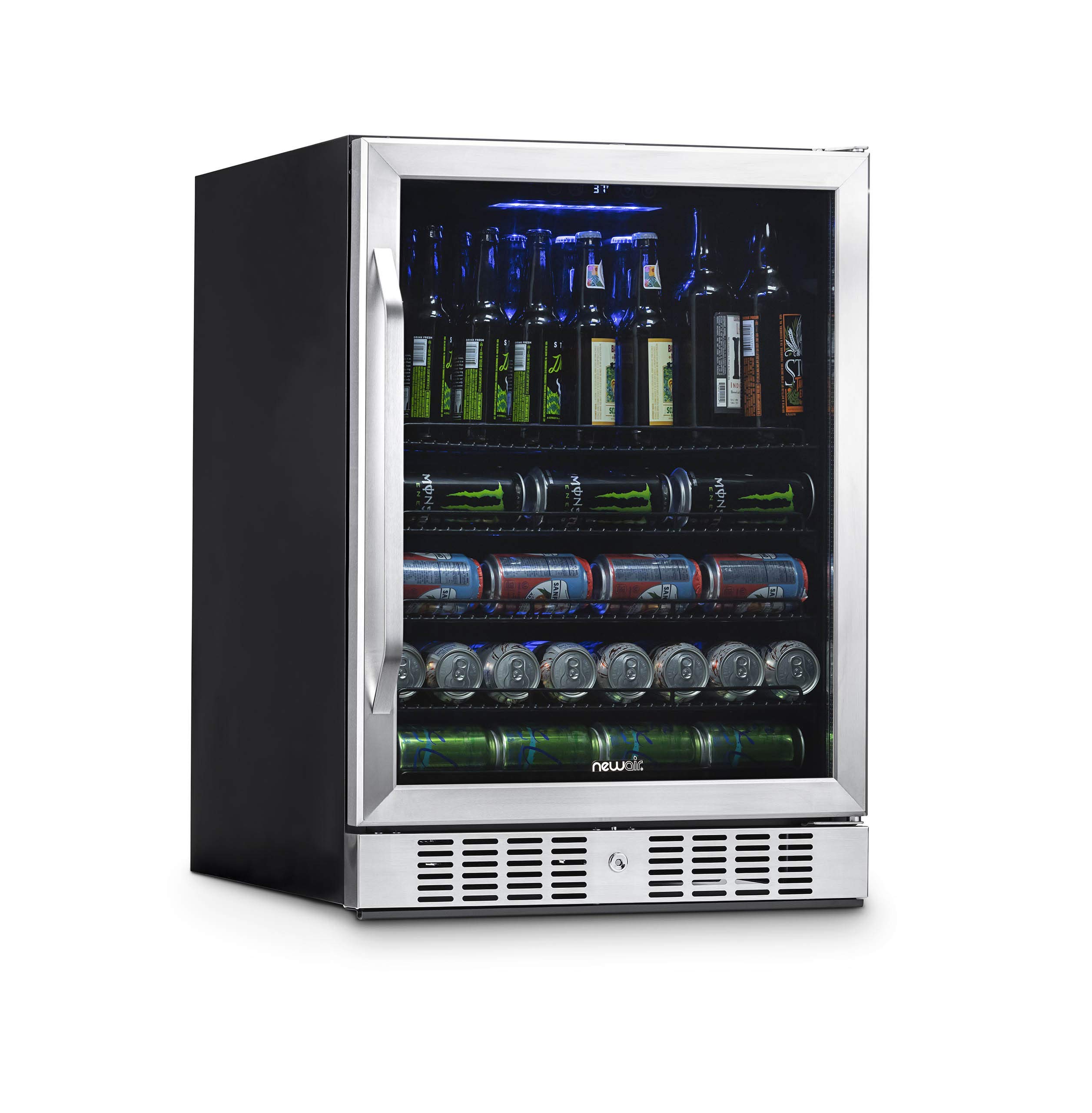 NewAir Large Beverage Refrigerator Cooler with 177 Can Capacity - Mini Bar Beer Fridge with Reversible Hinge Glass Door And Bottom Key Lock - Cools to 37F - Stainless Steel ABR-1770