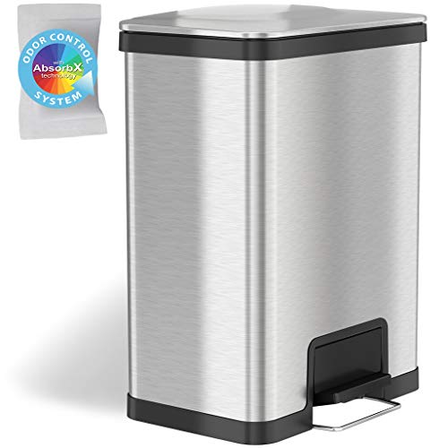 iTouchless Airstep Ultra Space-Saving Step Trash Can with Odor Filter, Large Capacity Stainless Steel Garbage Bin for Home, Kitchen, and Business