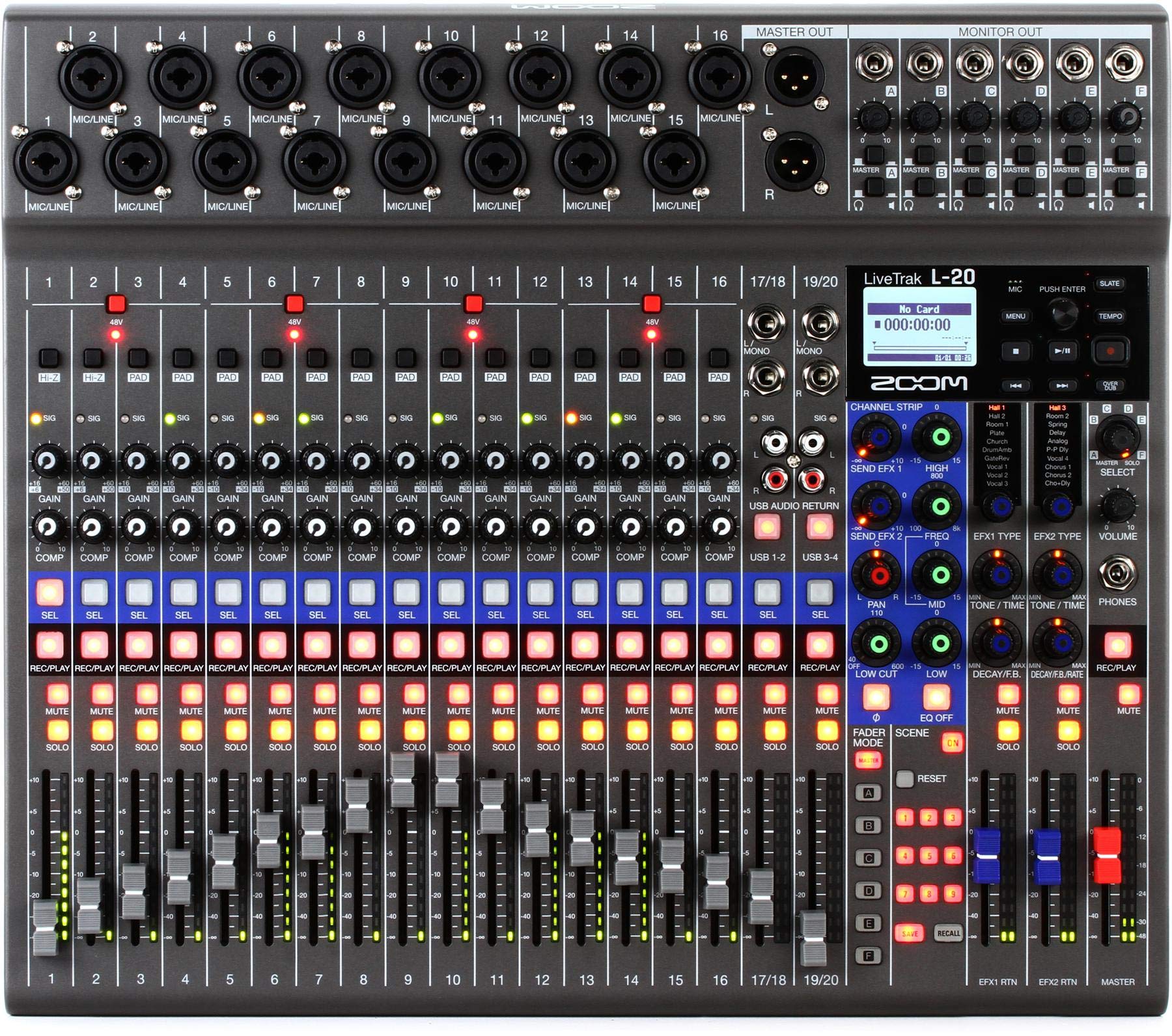 Zoom LiveTrak L-20 Digital Mixer & Multitrack Recorder, 20-Input/ 22-Channel SD Card Recorder, 22-in/4-out USB Audio Interface, 6 Customizable Outputs, Wireless iOS Control