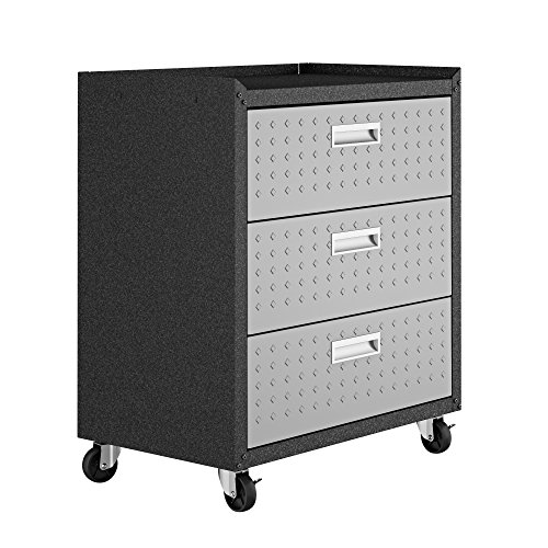 Manhattan Comfort Fortress Collection Convenient Durable Mobile Garage Chest Great for Tools and Supplies, Dark Charcoal Gray/Silver 30.3" x 32.1" x 18.2"