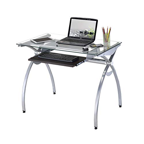 Techni Mobili Contempo Glass Top Computer Desk with Pull Out Keyboard Panel, Clear