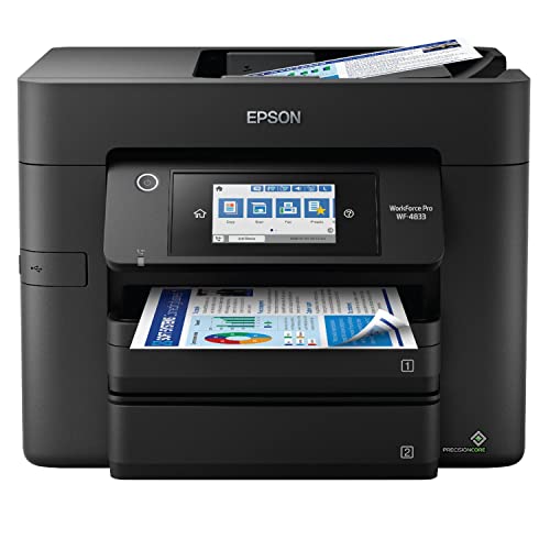 Epson Workforce Pro WF-4833 Wireless All-in-One Color Inkjet Printer - Print Scan Copy Fax - 25 ppm, 4800x2400 dpi, 4.3