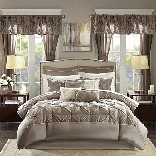 Madison Park Essentials Joella Cal King Size Bed Comforter Set Room in A Bag - Taupe, Tufted Wrinkled - 24 Pieces Bedding Sets - Faux Silk Bedroom Comforters