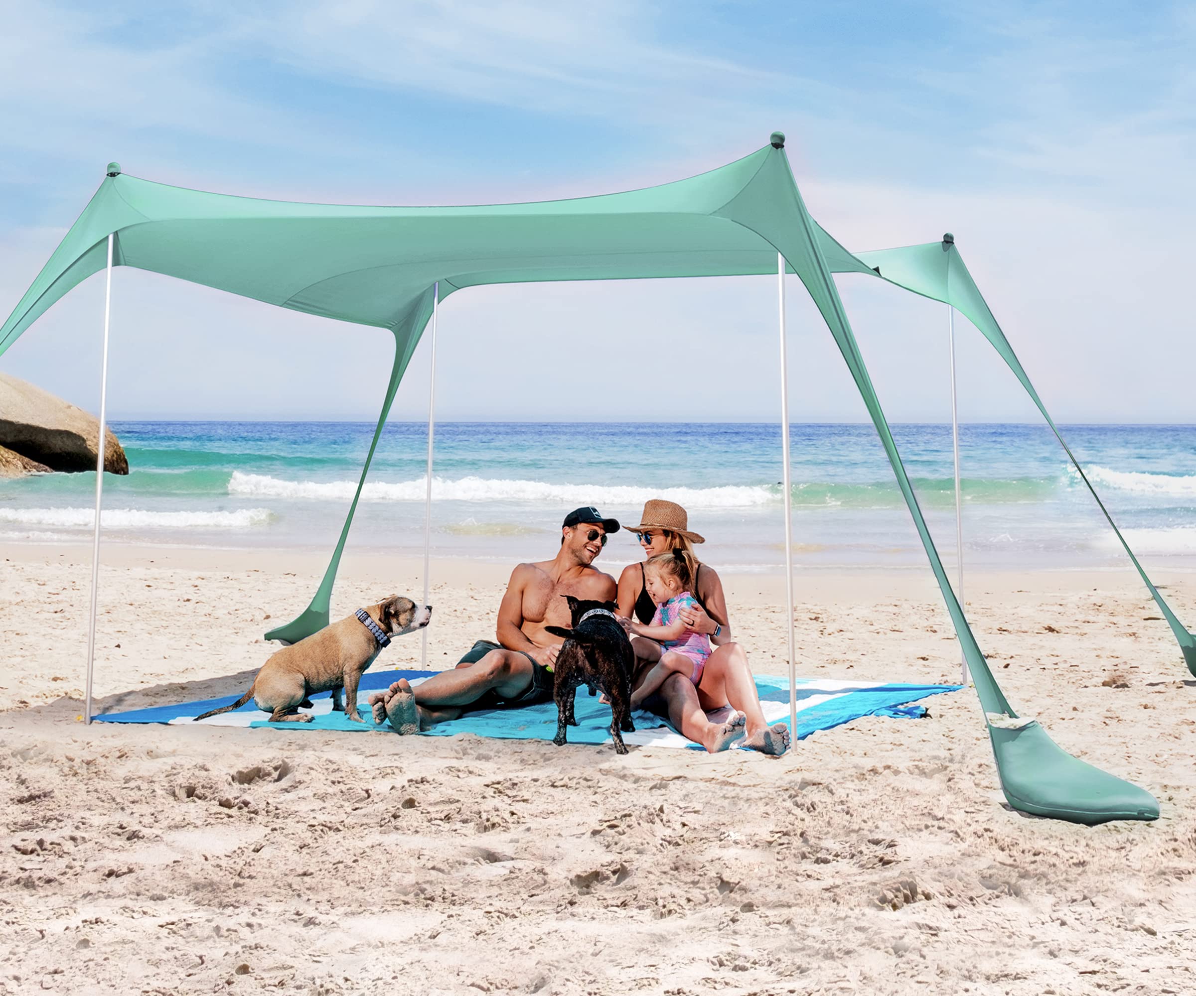 SUN NINJA Beach Tent Sun Shelter with UPF50+ Protection, Includes Sand Shovel, Ground Pegs and Stability Poles, Outdoor Pop Up Beach Shade Canopy for Camping, Fishing, Backyard Fun or Picnics