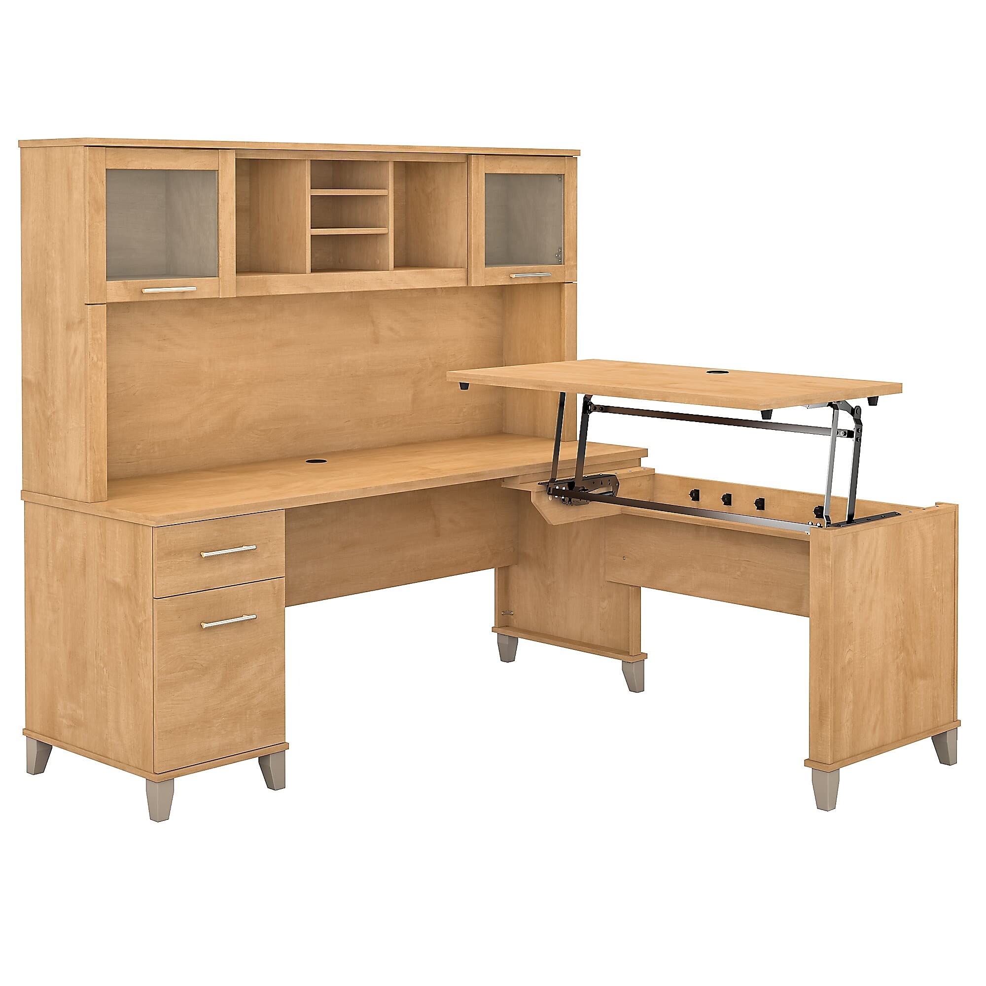 Bush Furniture Somerset 72W 3 Position Sit to Stand L Shaped Desk with Hutch in Maple Cross