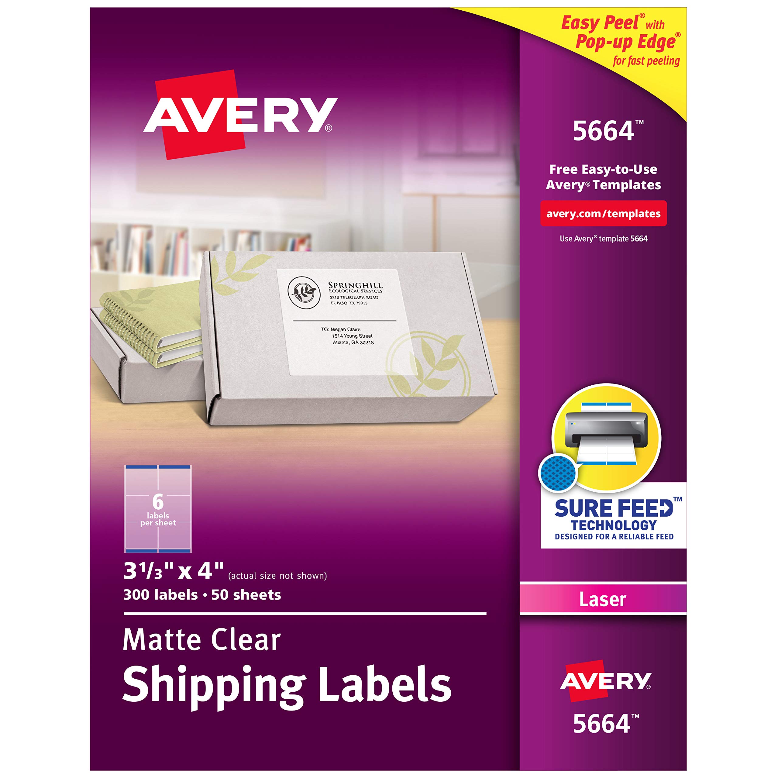 Avery Matte Frosted Clear Address Labels for Laser Printers, 3-1/3" x 4", 300 Labels, 5 Packs (5664)