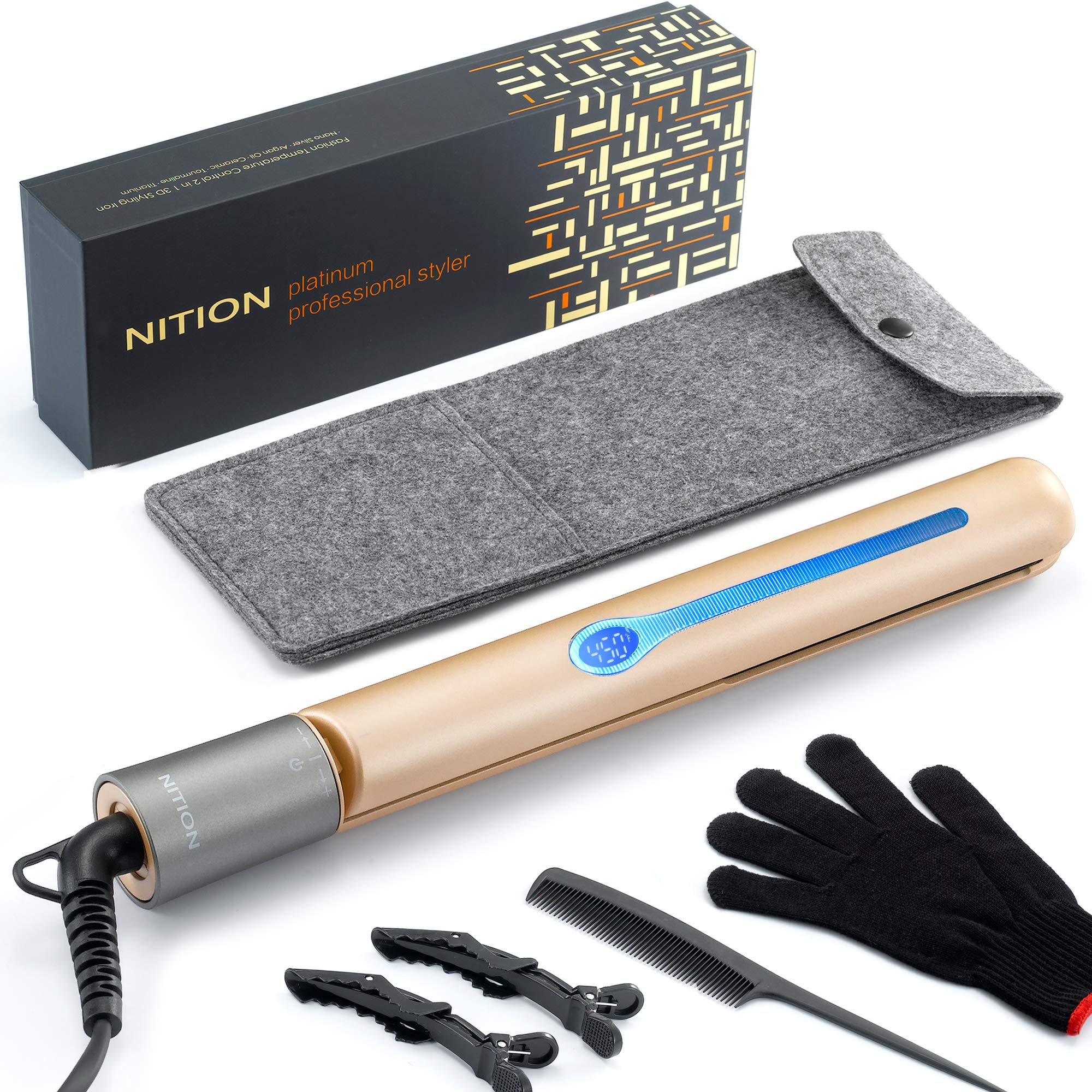 NITION Salon Professional Hair Straightener Argan Oil Ceramic Tourmaline Titanium 1 inch Plate Straightening Flat Iron Styling Tools,LCD 450°F. 2-in-1 Curling Iron for All Hair Type,Gold,