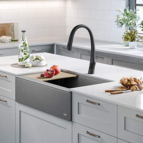 Kraus KGF2-33MGR Bellucci Workstation Quartz Composite Single Bowl Farmhouse Kitchen Sink, 33 in-Metallic Grey