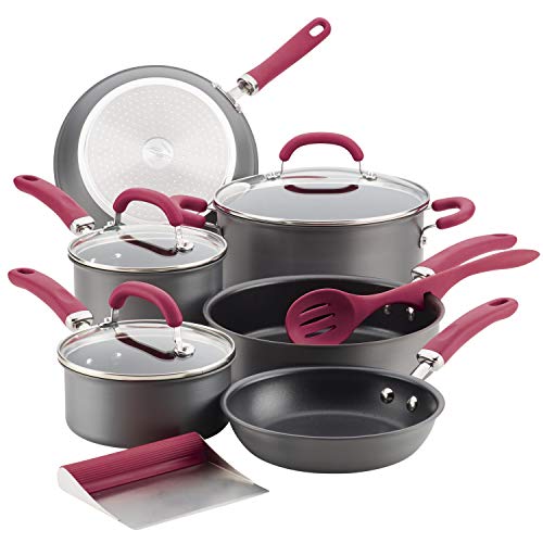 Rachael Ray Create Delicious Hard Anodized Nonstick Cookware Pots and Pans Set, 11 Piece, Gray with Burgundy Handles