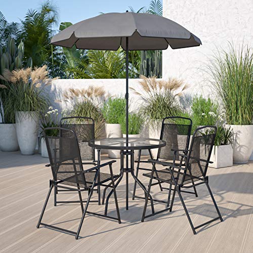 Flash Furniture Nantucket 6 Piece Garden Set with Umbrella Table and Set of 4 Folding Chairs