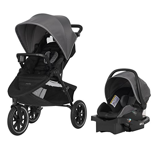 Evenflo Folio3 Stroll & Jog Travel System w/LiteMax 35 Infant Car Seat, Crossover Versatility, Ultra-Compact, Self-Standing Folding Design, 12? Air-Filled Tires, Front Wheel Swivel Lock, Avenue Gray