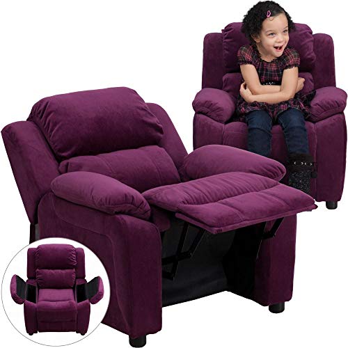 Flash Furniture Deluxe Padded Contemporary Purple Microfiber Kids Recliner with Storage Arms