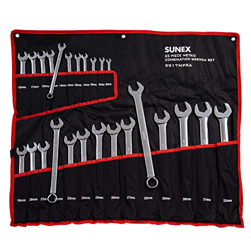 Sunex Tools 9917MPRA Metric V-Groove Combination Wrench Set, 8mm - 32mm, Fully Polished, 25-Piece (Includes Roll-Case)