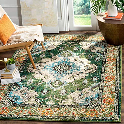 Safavieh Monaco Collection MNC243F Bohemian Chic Medallion Distressed Area Rug, 10' x 14', Forest Green/Light Blue