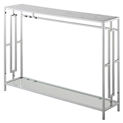 Convenience Concepts Town Square Console Table with Shelf, Faux White Marble/Chrome Frame