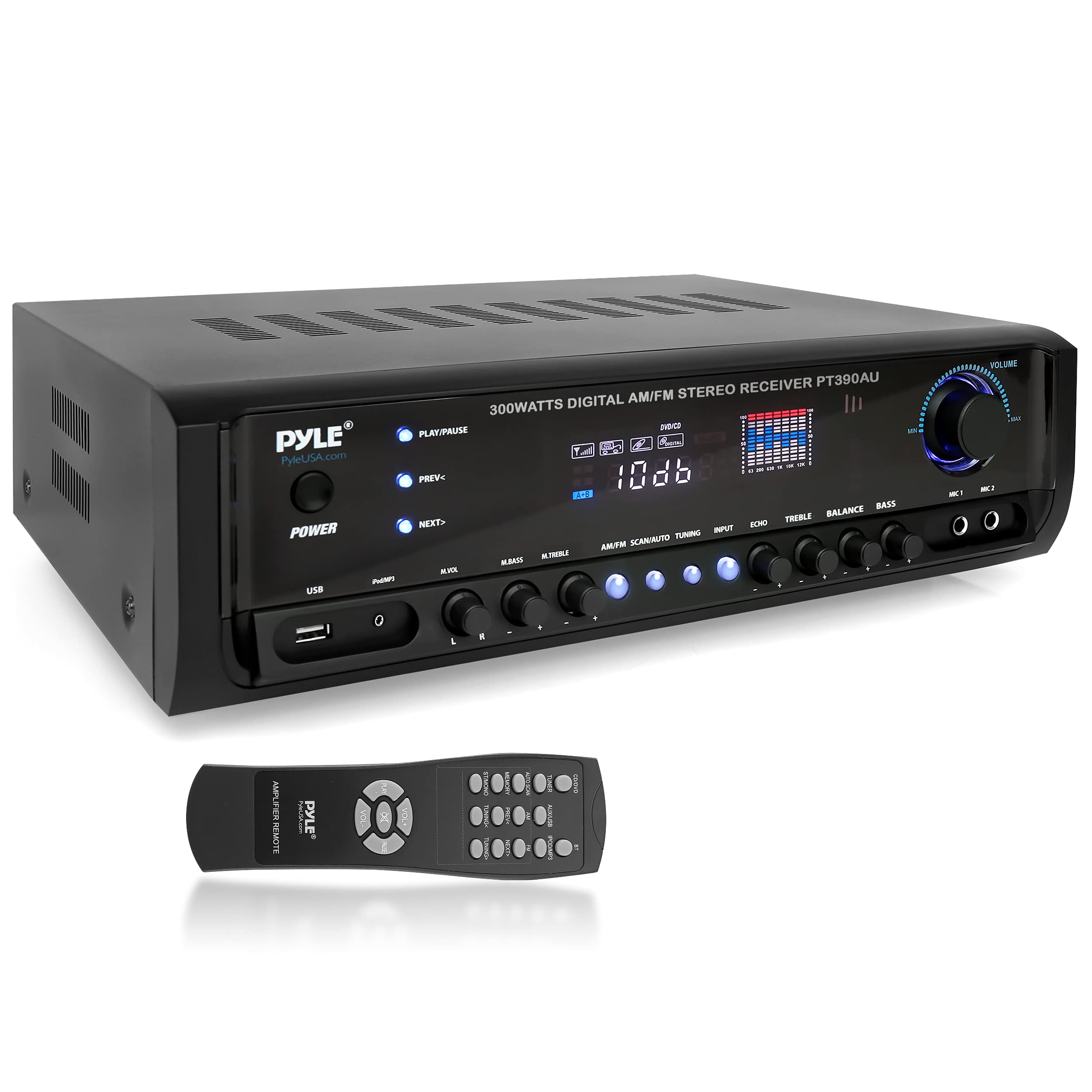Pyle Home Audio Power Amplifier System - 300W 4 Channel Theater Power Stereo Sound Receiver Box Entertainment w/USB, RCA, AUX, Mic w/Echo, LED, Remote - for Speaker, iPhone, PA, Studio -  PT390AU.5