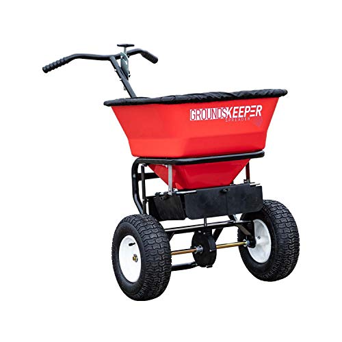 Buyers Products 100 Pound Capacity 1.67 Cubic Feet Groundskeeper Walk Behind Seed, Salt, and Fertilizer Lawn Spreader with Hopper Screen and Rain Cover, Red