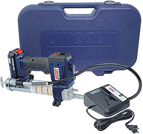 Lincoln 1884 Lithium-Ion PowerLuber 20-Volt Battery-Operated Cordless Grease Gun, 2-Output Settings - High Pressure (10,000 PSI) or High Volume, 3-Point Base, Built-In LED and LCD, Two 20-Volt Battery