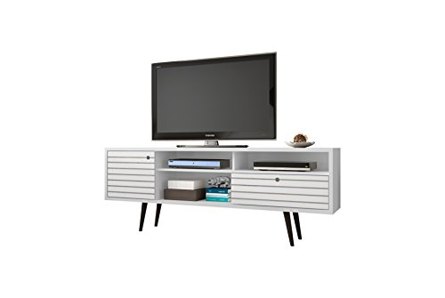 Manhattan Comfort Liberty Collection Mid Century Modern TV Stand With Three Shelves, One Cabinet and One Drawer With Splayed Legs, White