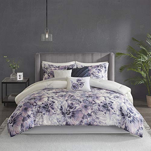 Madison Park Enza Comforter Reversible Floral Flower Watercolor Print Cotton Embroidered Ruffle Pleated Pillow Soft Down Alternative Hypoallergenic All Season Bedding-Set, King(104