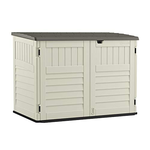 Suncast 5' x 3' Horizontal Stow-Away Storage Shed - Natural Wood-like Outdoor Storage for Trash Cans and Yard Tools - All-Weather Resin, Hinged Lid, Reinforced Floor - Vanilla and Stoney
