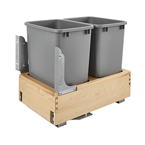 Rev-A-Shelf 4WCBM-18DM-2 Double-35 Quart Kitchen Base Cabinet Pull Out Waste Containers Trash Cans with Soft Open & Close, Natural