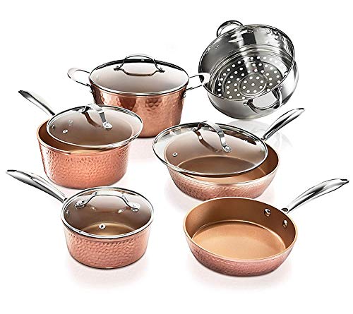 Gotham Steel Pots and Pans Set - Premium Ceramic Cookware with Triple Coated Ultra Nonstick Surface for Even Heating, Oven, Stovetop & Dishwasher Safe, 10 Piece, Hammered Copper