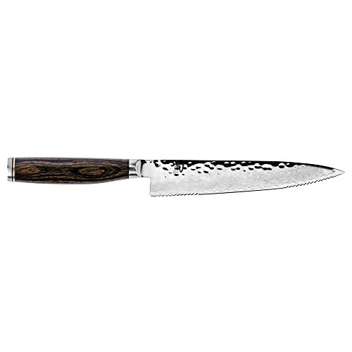 Shun Premier 6.5-inch Serrated Utility Knife; Get the Perfect Slice with Serrated Front and Back Blade Edge and Fine Middle Edge; Hand-Sharpened Blade; Walnut PakkaWood Handle; Handcrafted in Japan