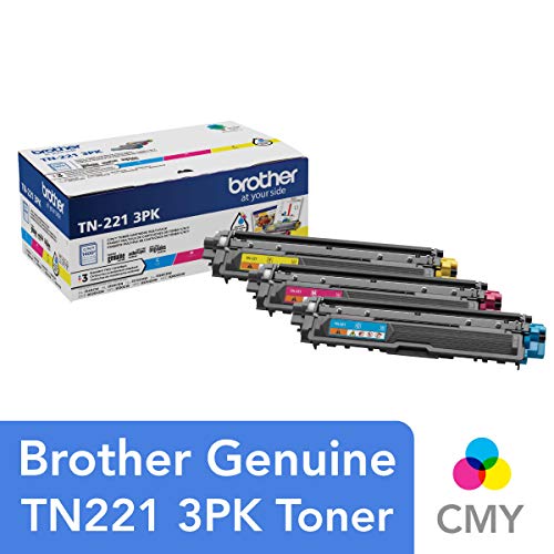 Brother Genuine Standard-Yield Toner Cartridge Three Pack TN221 3PK -Includes one Cartridge Each of Cyan, Magenta & Yellow Toner, Standard Yield (TN2213PK)