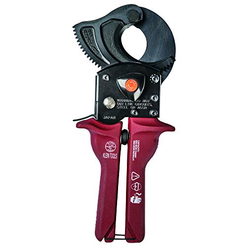 Klein Tools 63601 High-Leverage Compact Ratcheting Cable Cutter with Hardened Steel Cutting Blades and Plastic Grips