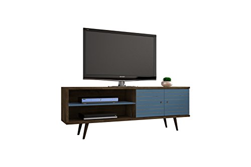 Manhattan Comfort Liberty Collection Mid Century Modern TV Stand With One Cabinet and Two Open Shelves With Splayed Legs, Wood/Teal