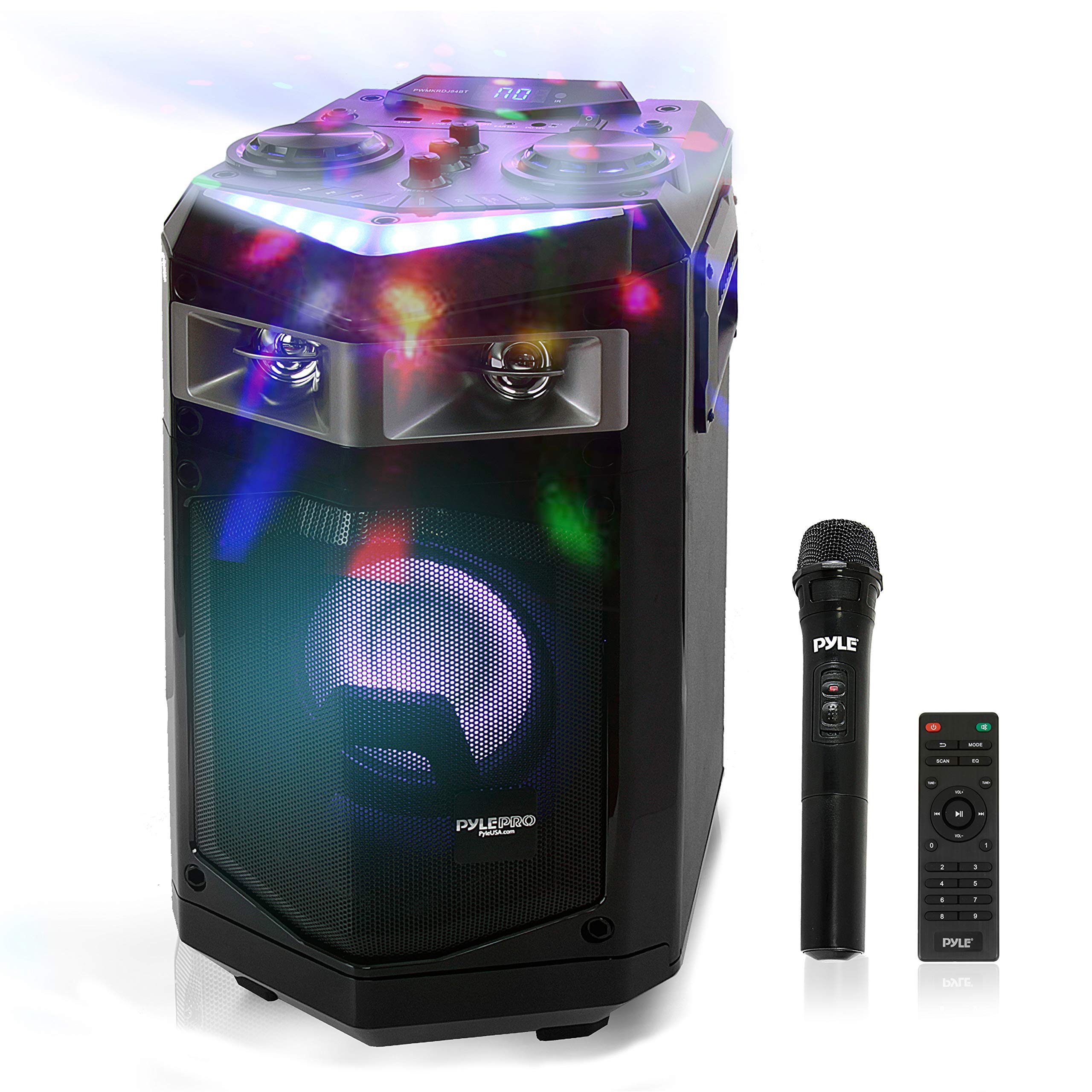 Portable PA Speaker Powered Rechargeable Outdoor Speaker Microphone Set with Mic Talkover MP3 USB SD FM Radio AUX, LED Dj Lights, Black,  PWMKRDJ84BT (System-500W BT Connectivity)