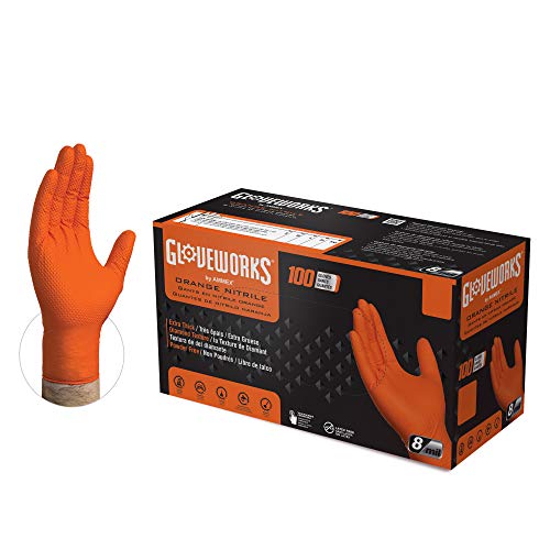 GLOVEWORKS HD Orange Nitrile Disposable Gloves, 8 Mil, Latex and Powder Free, Industrial, Food Safe, Raised Diamond Texture