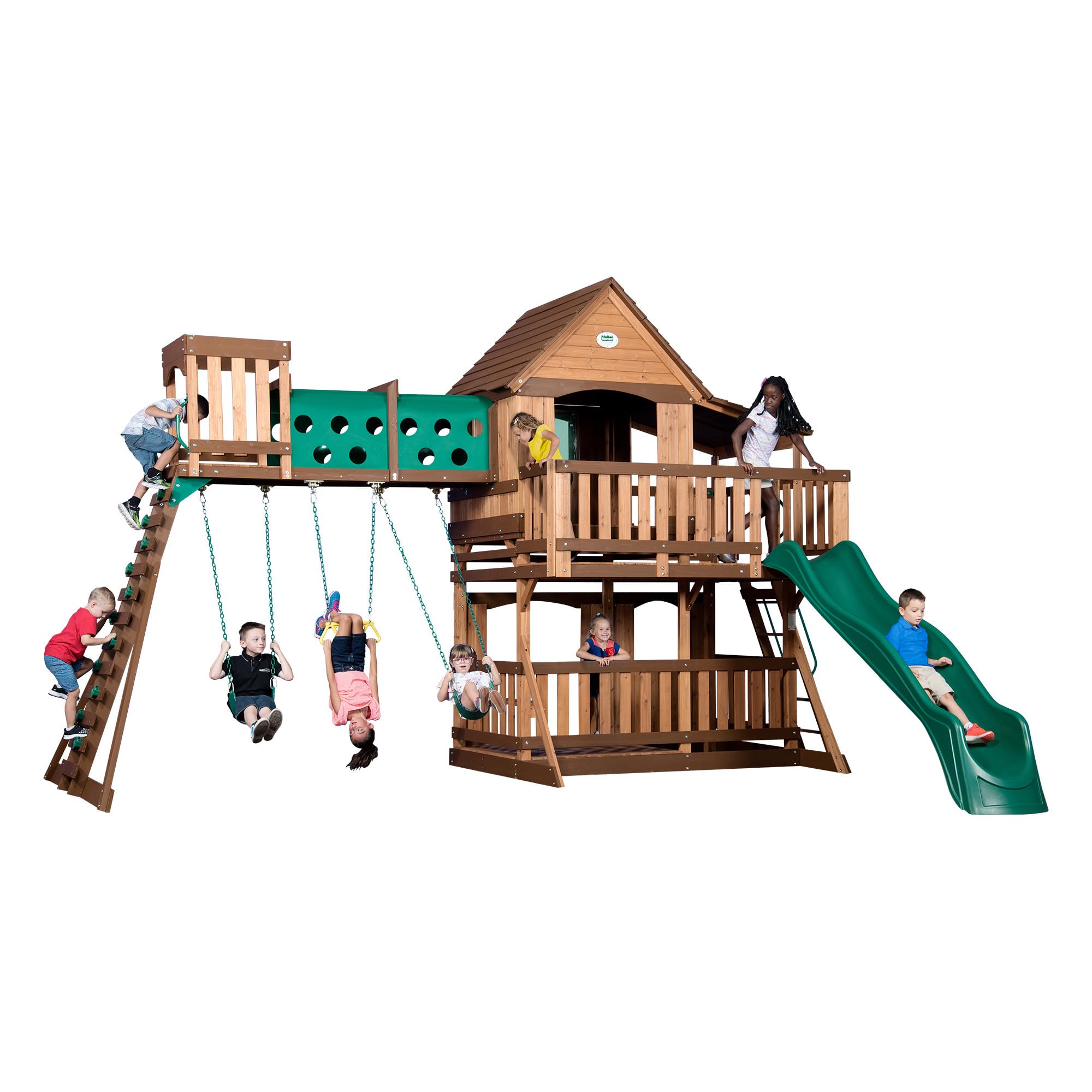 Backyard Discovery Woodridge Elite All Cedar Wood Swing Set, Upper and Lower Deck, Sandbox, Vented Tunnel, Rock Climbing Wall, Coated Rope Belted Swings, Acrobat Bar, Bench Seating, 10 ft Slide