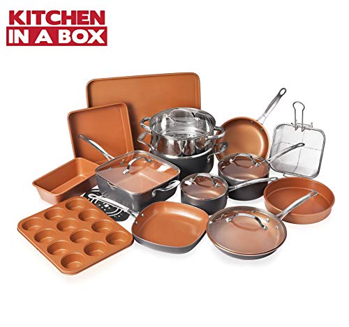 E. Mishan & Sons Gotham Steel Cookware + Bakeware Set with Nonstick Durable Ceramic Copper Coating - Includes Skillets, Stock Pots, Deep Square Fry Basket, Cookie Sheet and Baking Pans, 20 Piece