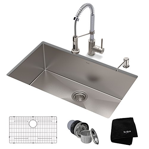 Kraus KHU100-32-1610-53SSCH Set with Standart PRO Sink and Bolden Commercial Pull Faucet in Stainless Steel Chrome Kitchen Sink & Faucet Combo, 32 Inch