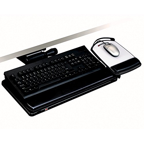 3M Keyboard Tray, Just Lift to Adjust Height and Tilt, Adjustable Tray and Mouse Platform Include Gel Wrist Rest and Precise Mouse Pad, Tray Swivels and Stores Under Desk, 23
